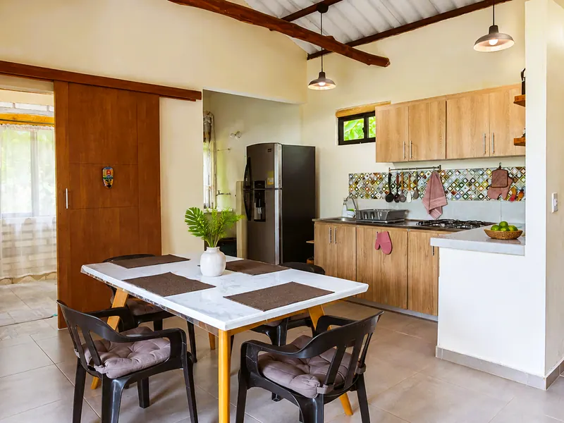 Open living and dining space with the kitchen at the back